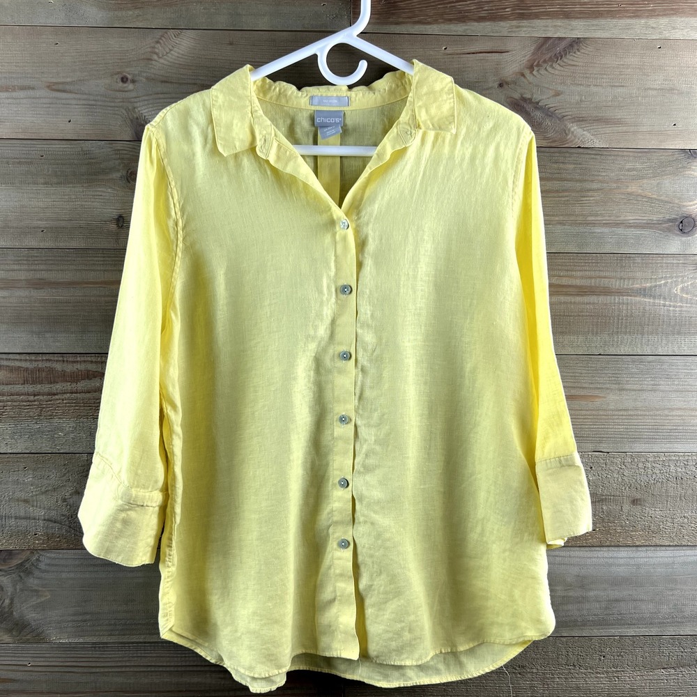 Chicos Womens Shirt 3/4 Sleeve Button Up Coastal Beach Linen Yellow‎ Size 2 12